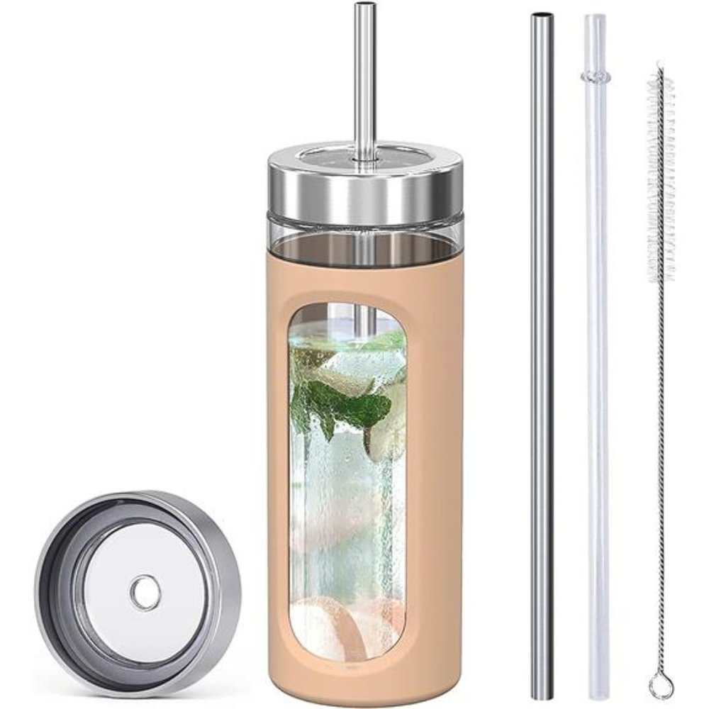 Glass tumbler with straw and lid20oz Glass Smoothie Cup with Silicone Protective